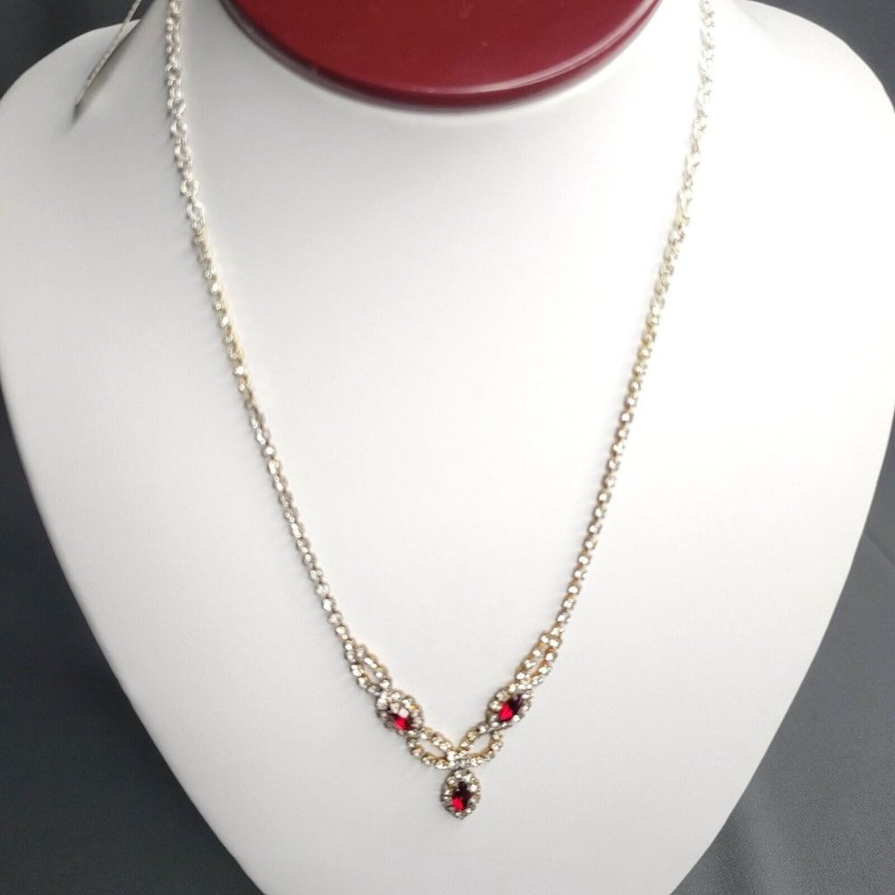 Vintage Vieste Red White Austrian Genuine Crystals Gold Tone Fashion Necklace - Picture 2 of 7
